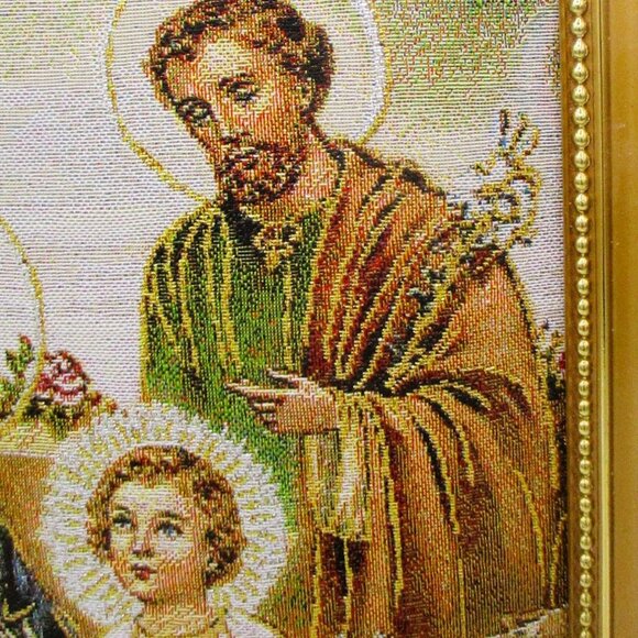 Framed Sacred Family Woven Tapestry Art With Gold Ornate Frame 12"x10" Religious - Picture 3 of 4